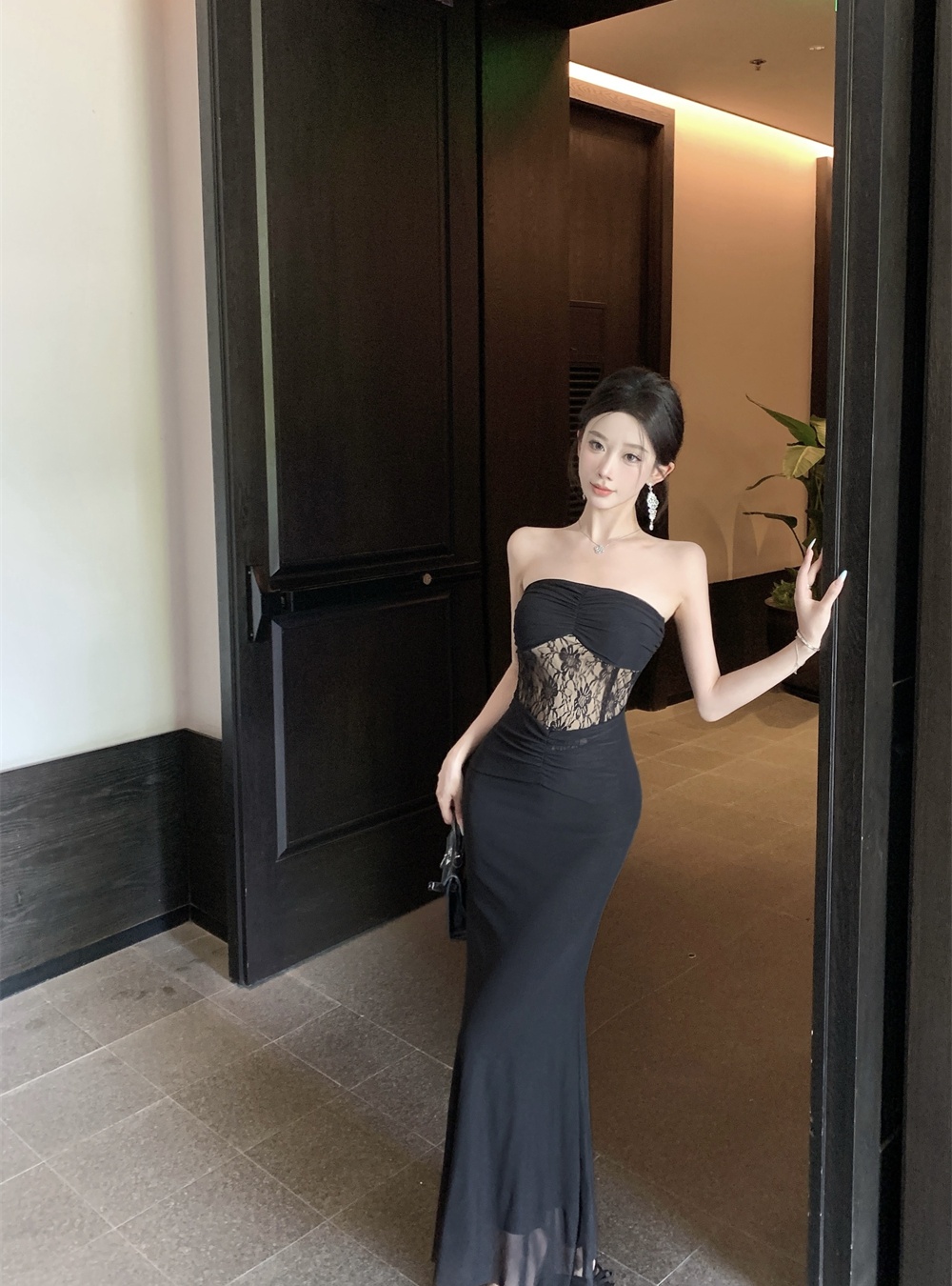 With chest pad dress wrapped chest long dress for women