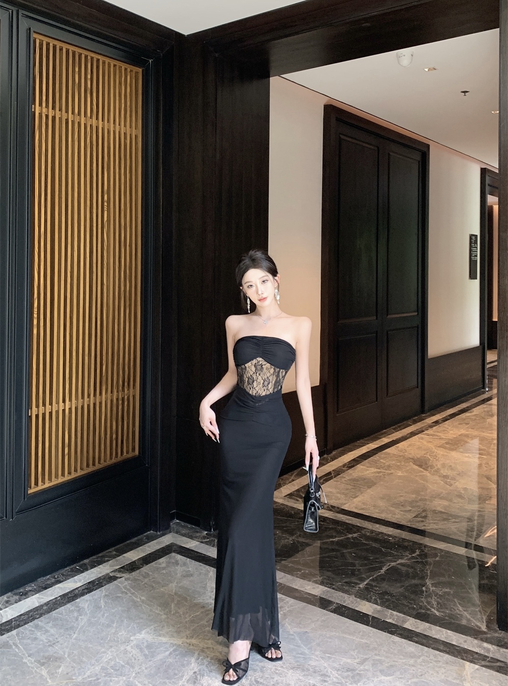 With chest pad dress wrapped chest long dress for women