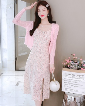 Floral slim show young cardigan sweet chiffon dress a set
