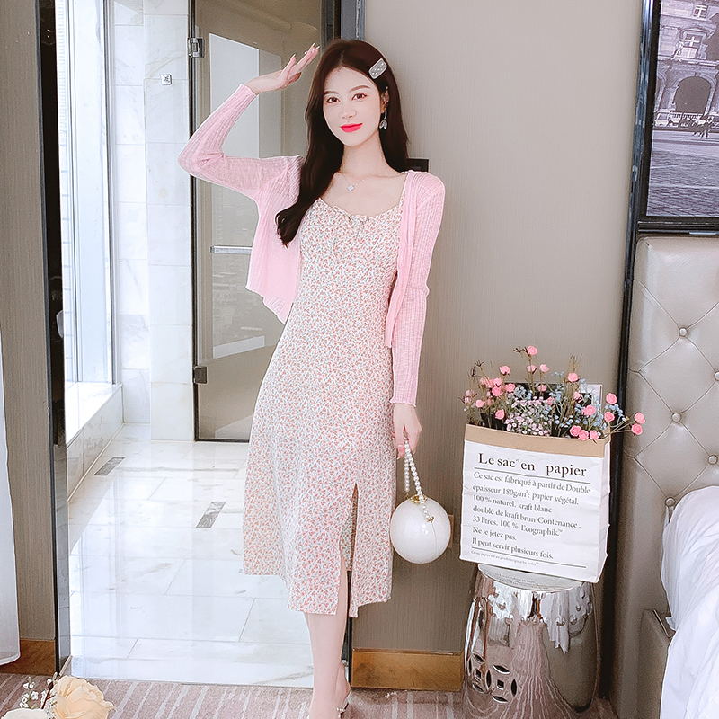 Floral slim show young cardigan sweet chiffon dress a set