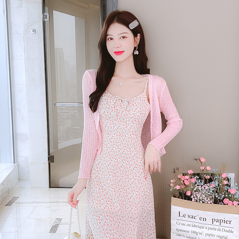 Floral slim show young cardigan sweet chiffon dress a set