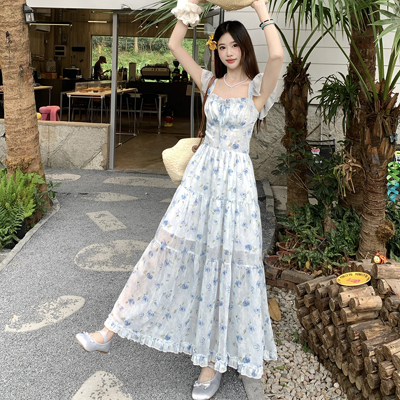 Floral chiffon France style lady dress for women