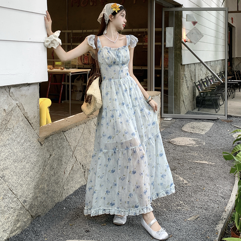 Floral chiffon France style lady dress for women
