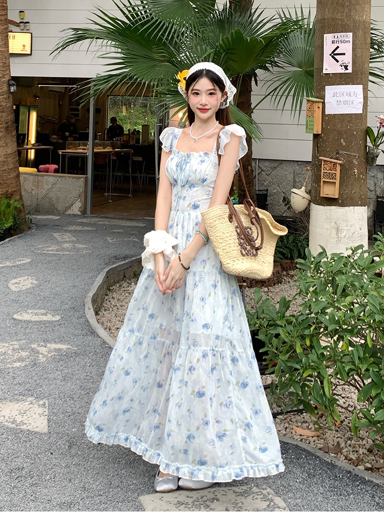 Floral chiffon France style lady dress for women