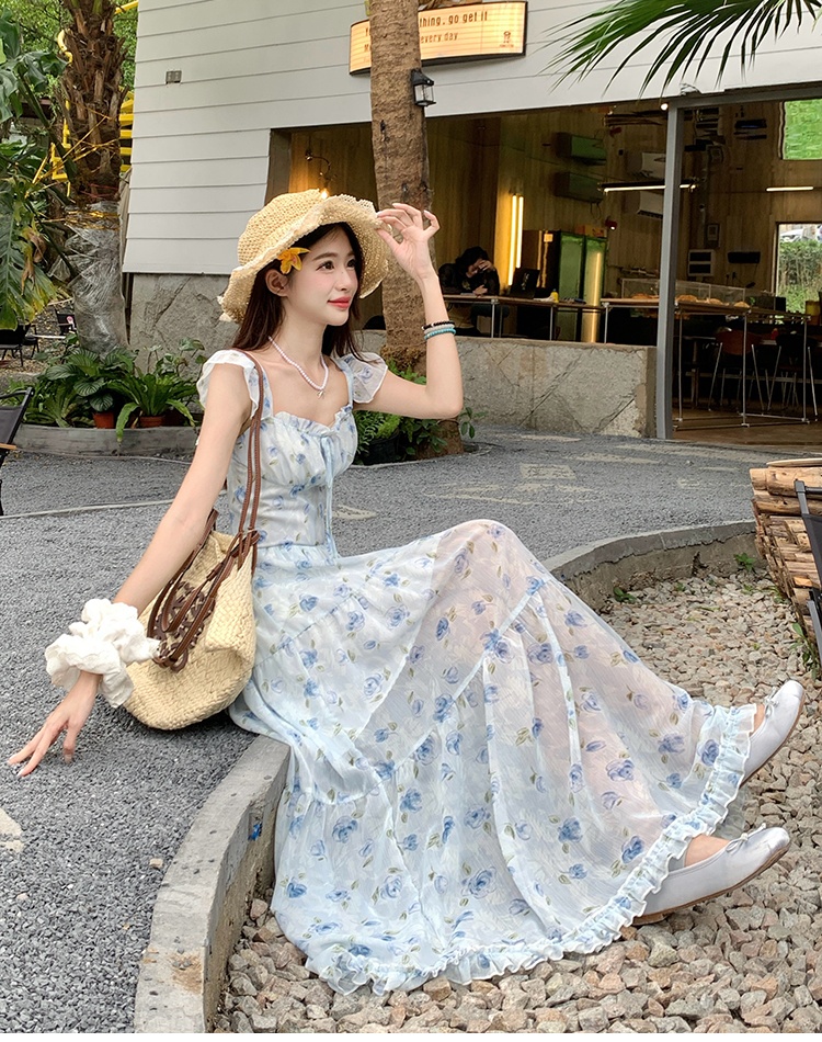 Floral chiffon France style lady dress for women