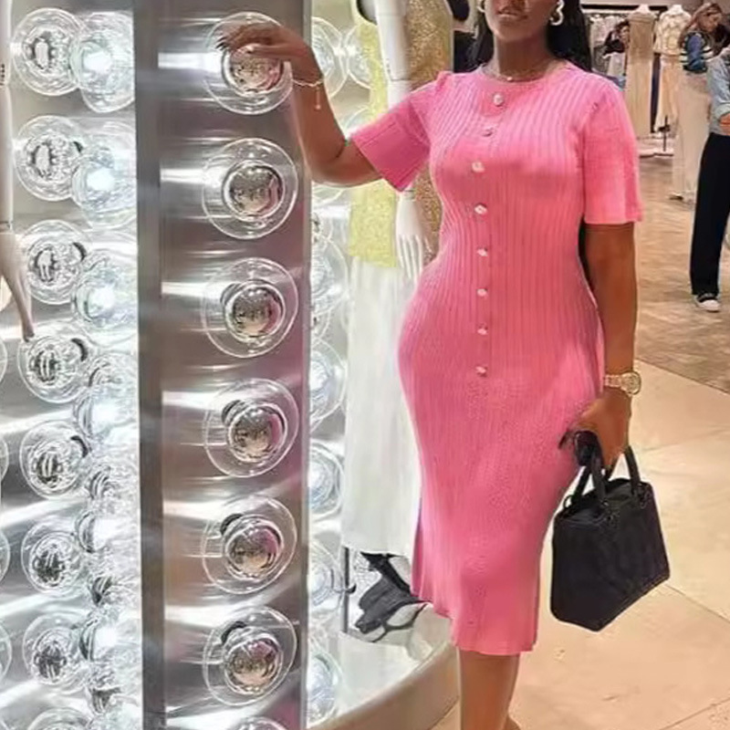 European style round neck dress package hip long dress