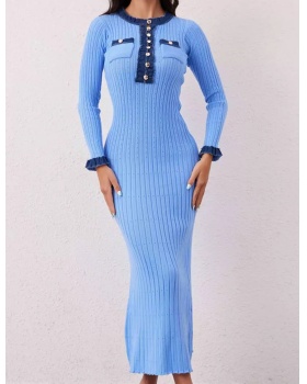 Single-breasted knitted long dress round neck slim dress