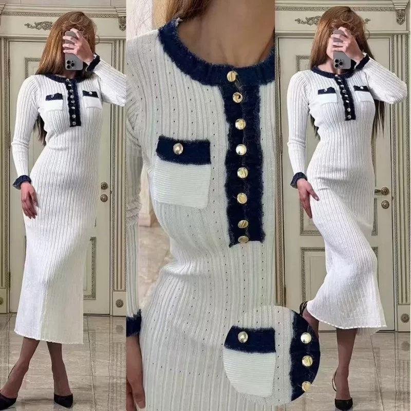 Single-breasted knitted long dress round neck slim dress