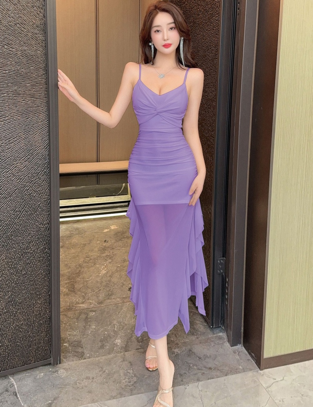 Irregular split long dress lotus leaf edges dress