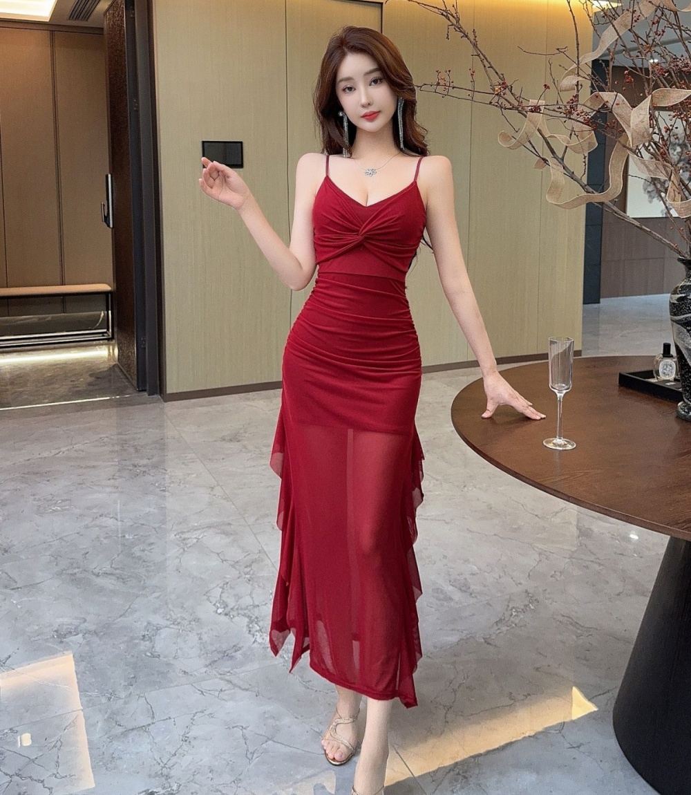 Irregular split long dress lotus leaf edges dress