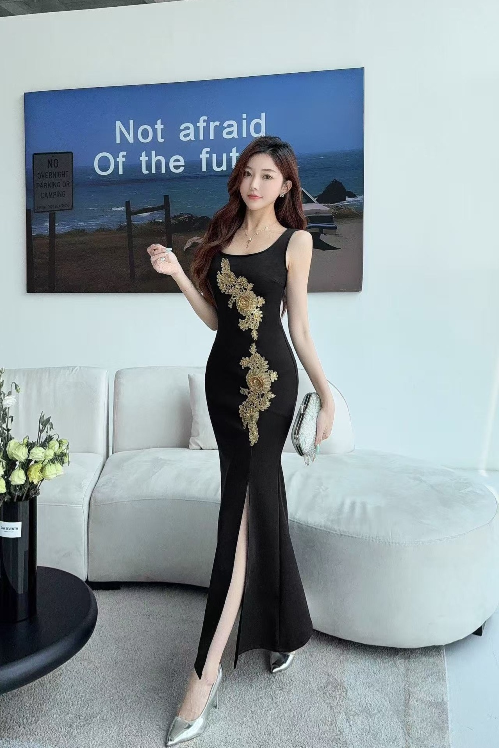 Sling embroidery long dress light luxury dress for women