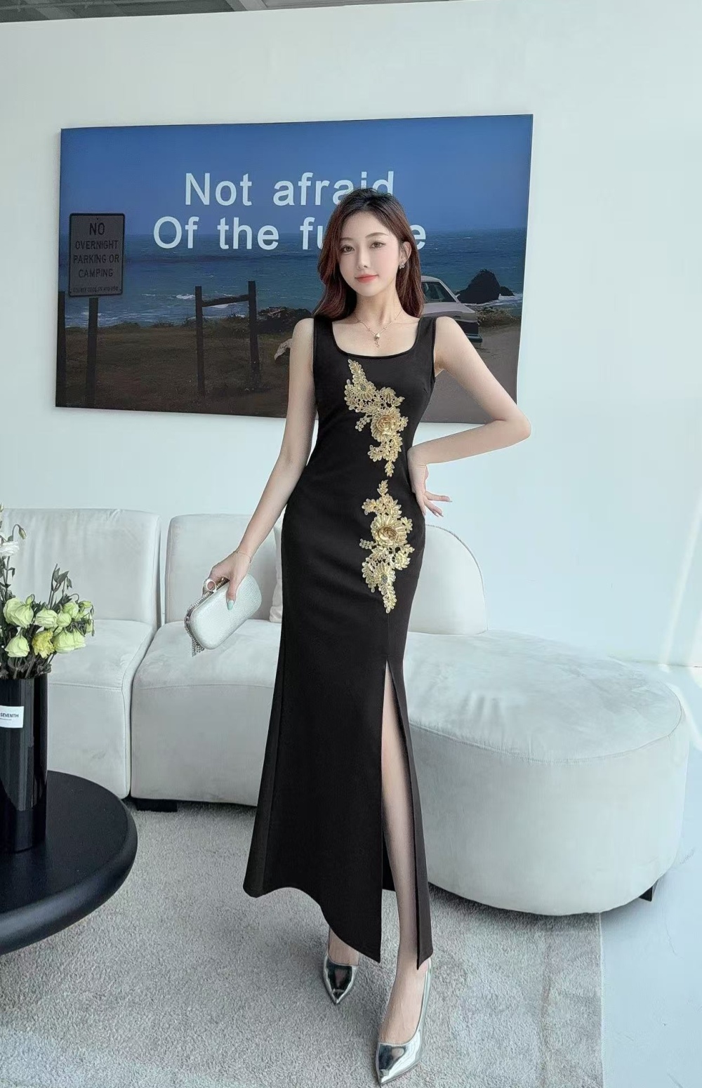 Sling embroidery long dress light luxury dress for women