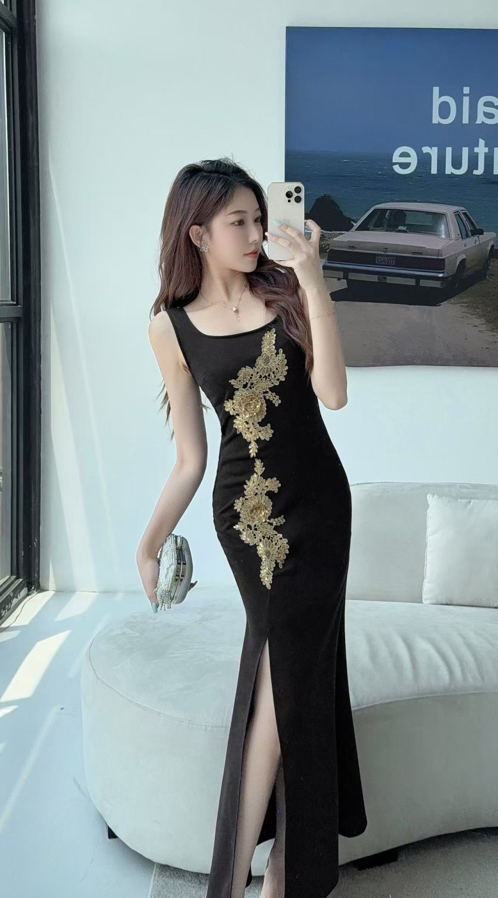 Sling embroidery long dress light luxury dress for women