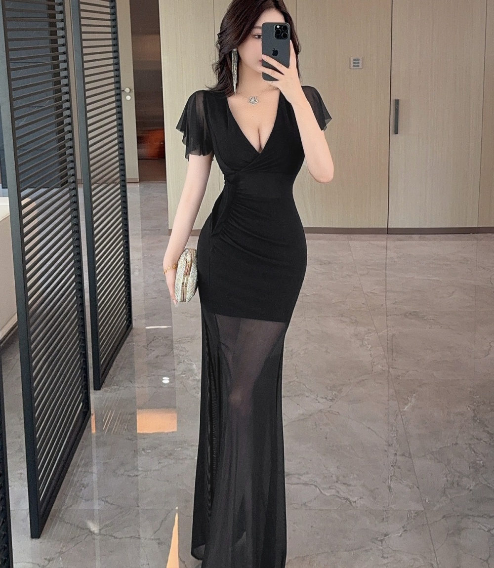All-match long splice gauze slim short sleeve dress