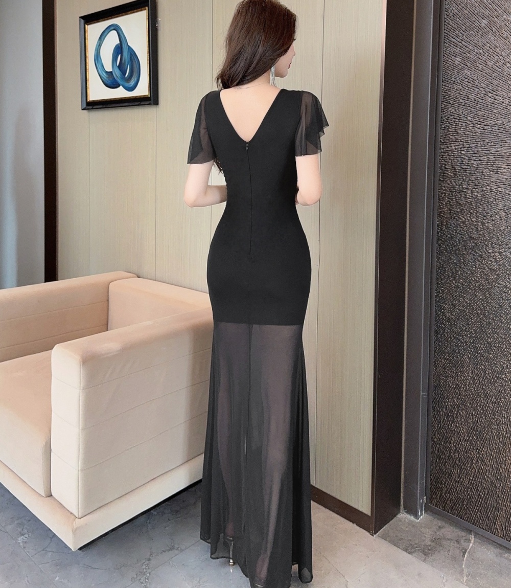 All-match long splice gauze slim short sleeve dress