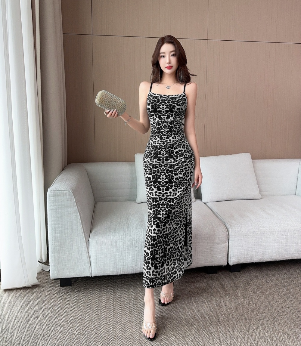 Sling leopard high waist long dress light luxury slim dress