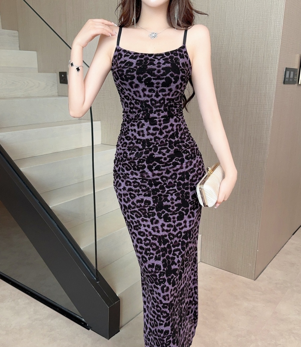 Sling leopard high waist long dress light luxury slim dress