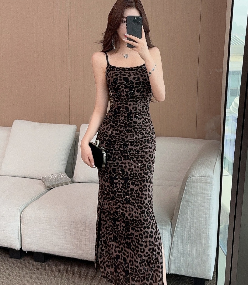 Sling leopard high waist long dress light luxury slim dress