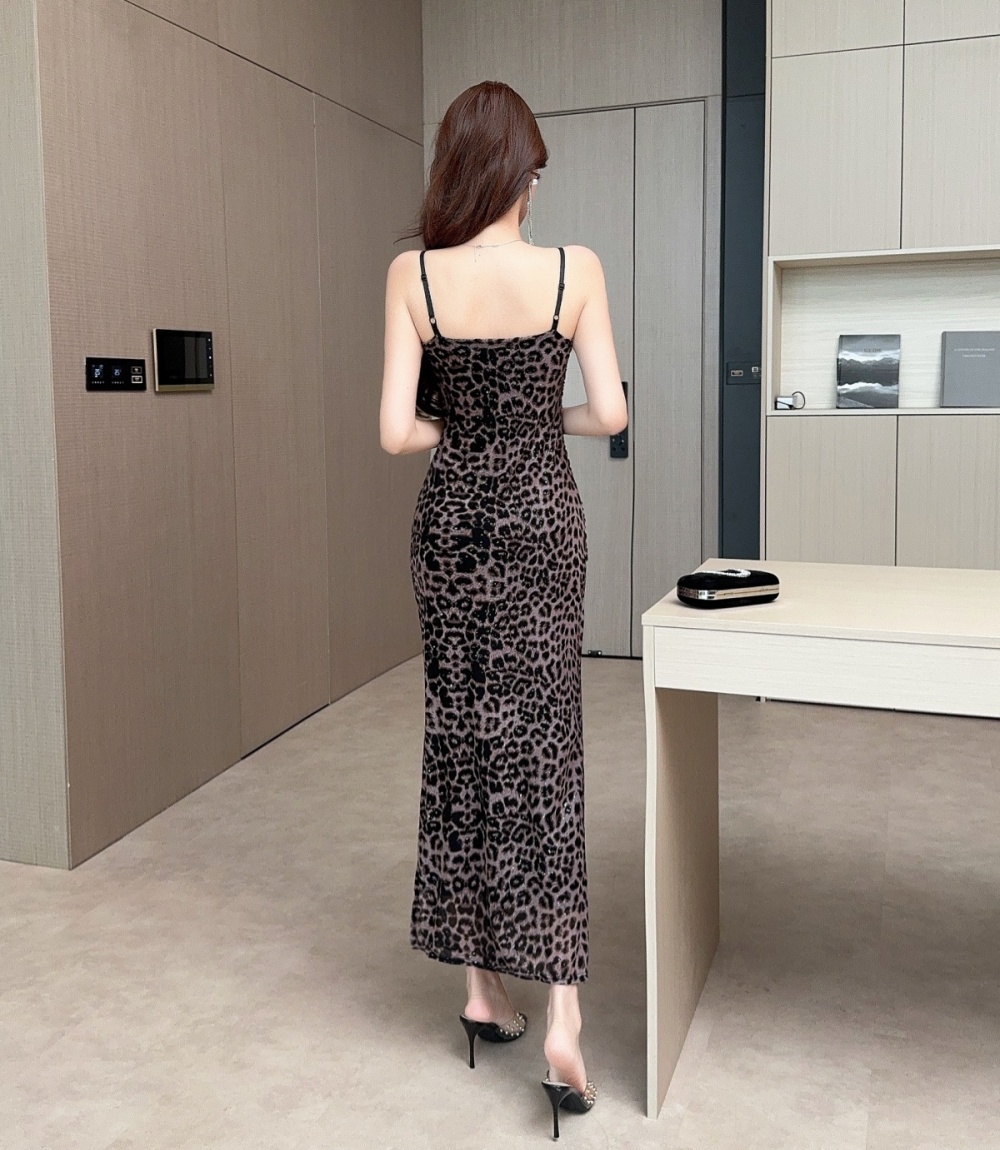 Sling leopard high waist long dress light luxury slim dress