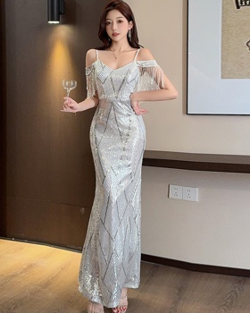 France style sexy dress temperament silver evening dress