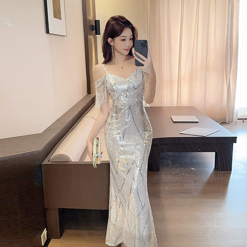 France style sexy dress temperament silver evening dress