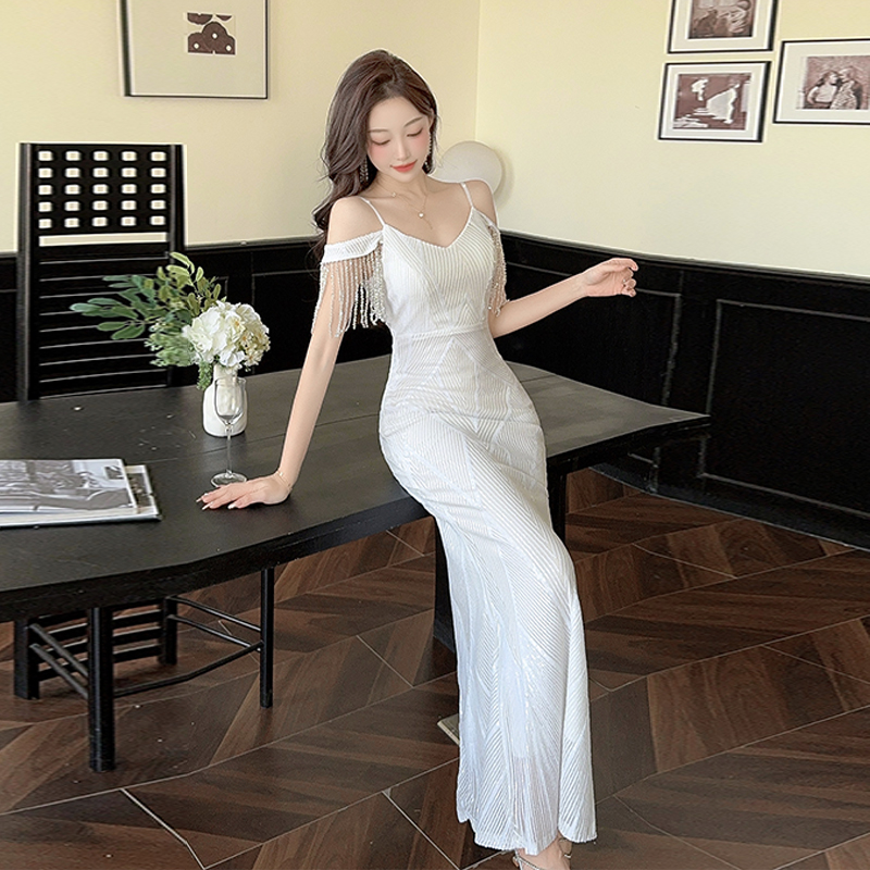 France style sexy dress temperament silver evening dress