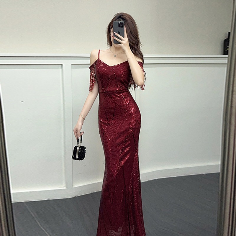 France style sexy dress temperament silver evening dress