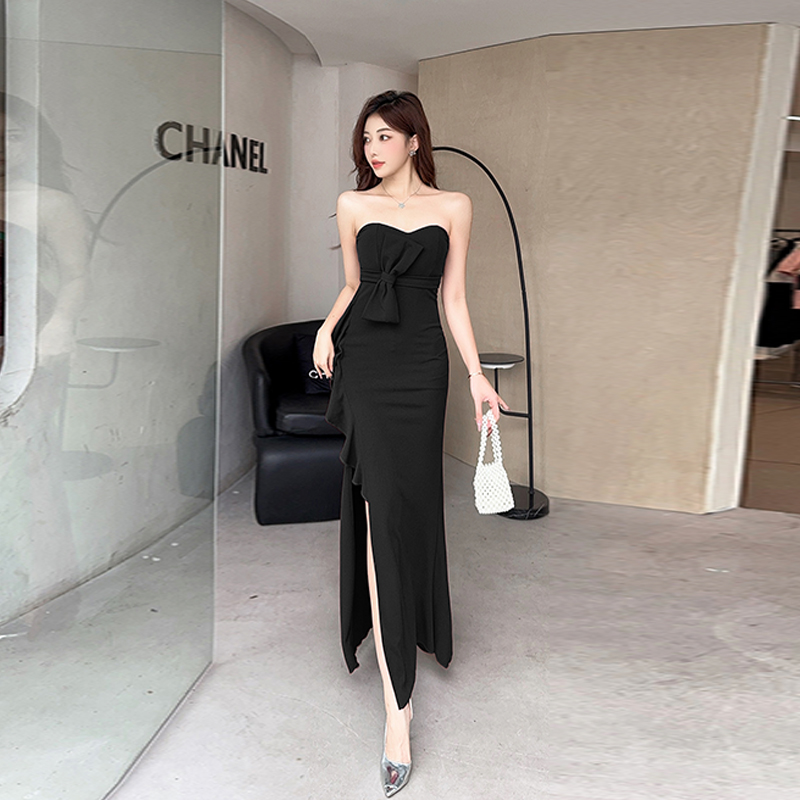 Slim banquet clavicle formal dress split package hip dress