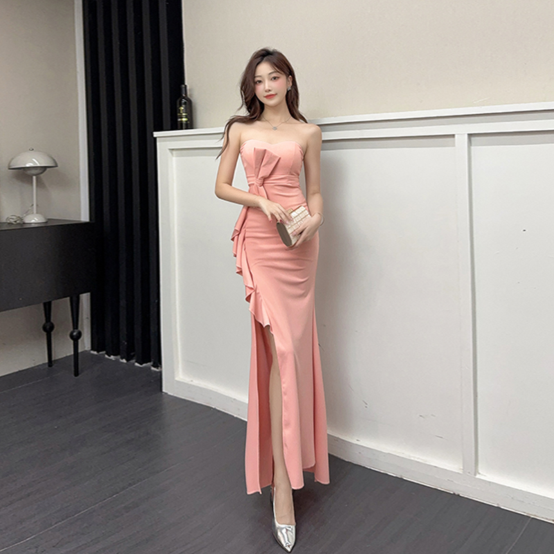 Slim banquet clavicle formal dress split package hip dress