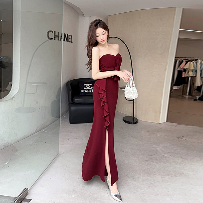 Slim banquet clavicle formal dress split package hip dress
