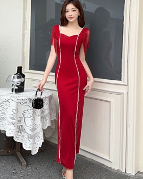 Square collar summer pearl split fold dress