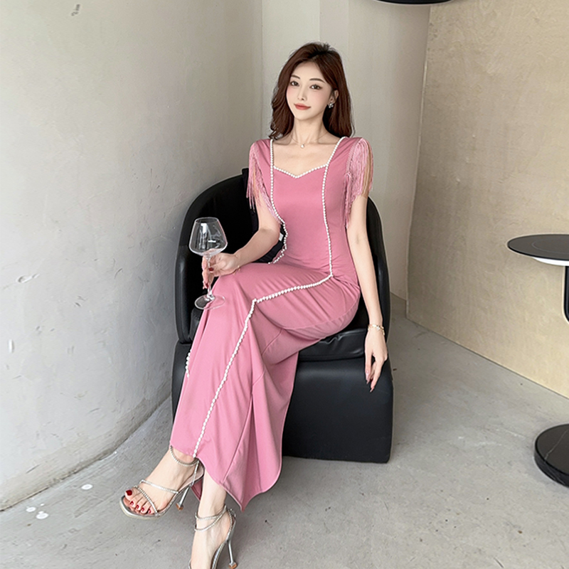 Square collar summer pearl split fold dress