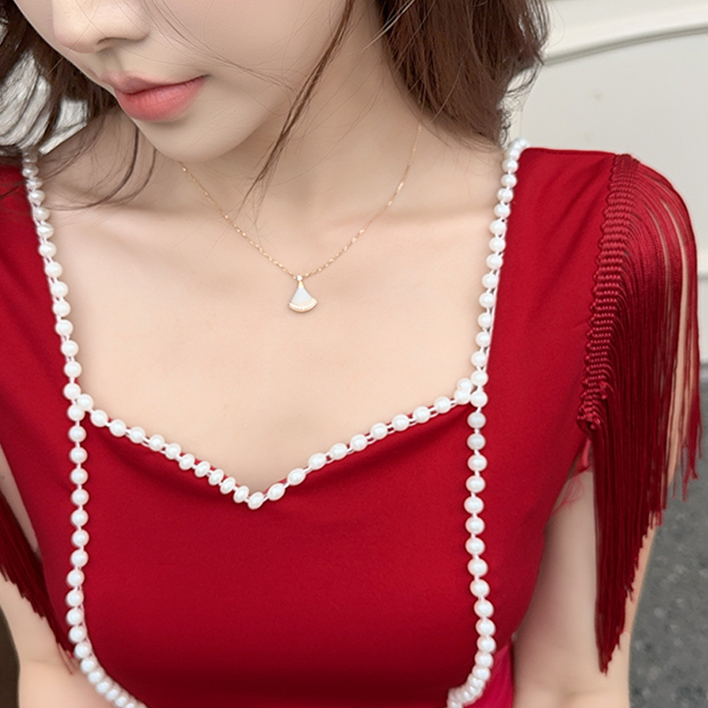 Square collar summer pearl split fold dress