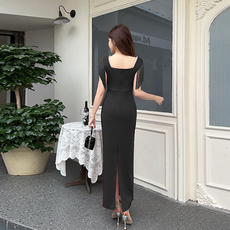 Square collar summer pearl split fold dress