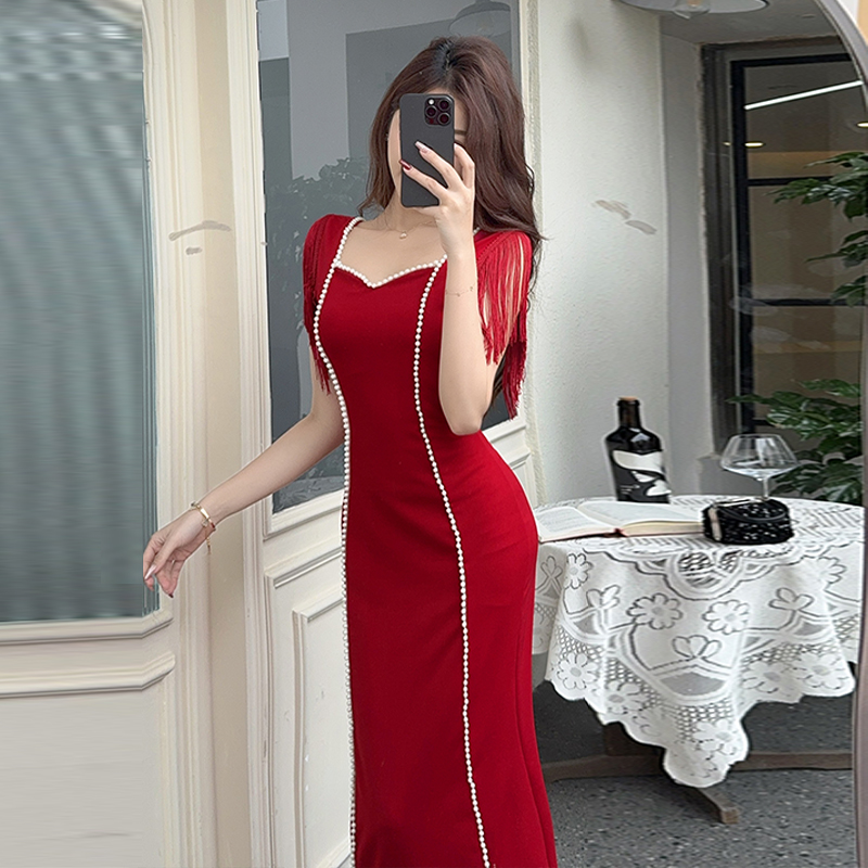 Square collar summer pearl split fold dress
