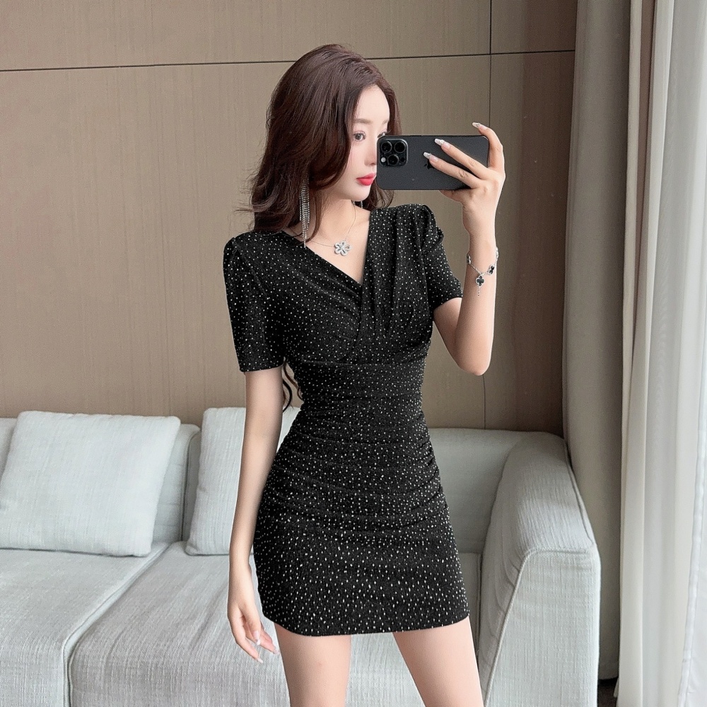 Summer V-neck short sleeve high elastic A-line slim elegant dress