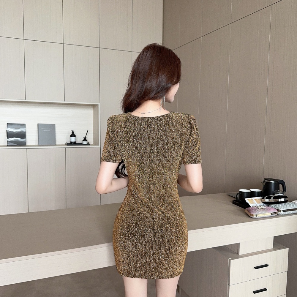 Summer V-neck short sleeve high elastic A-line slim elegant dress
