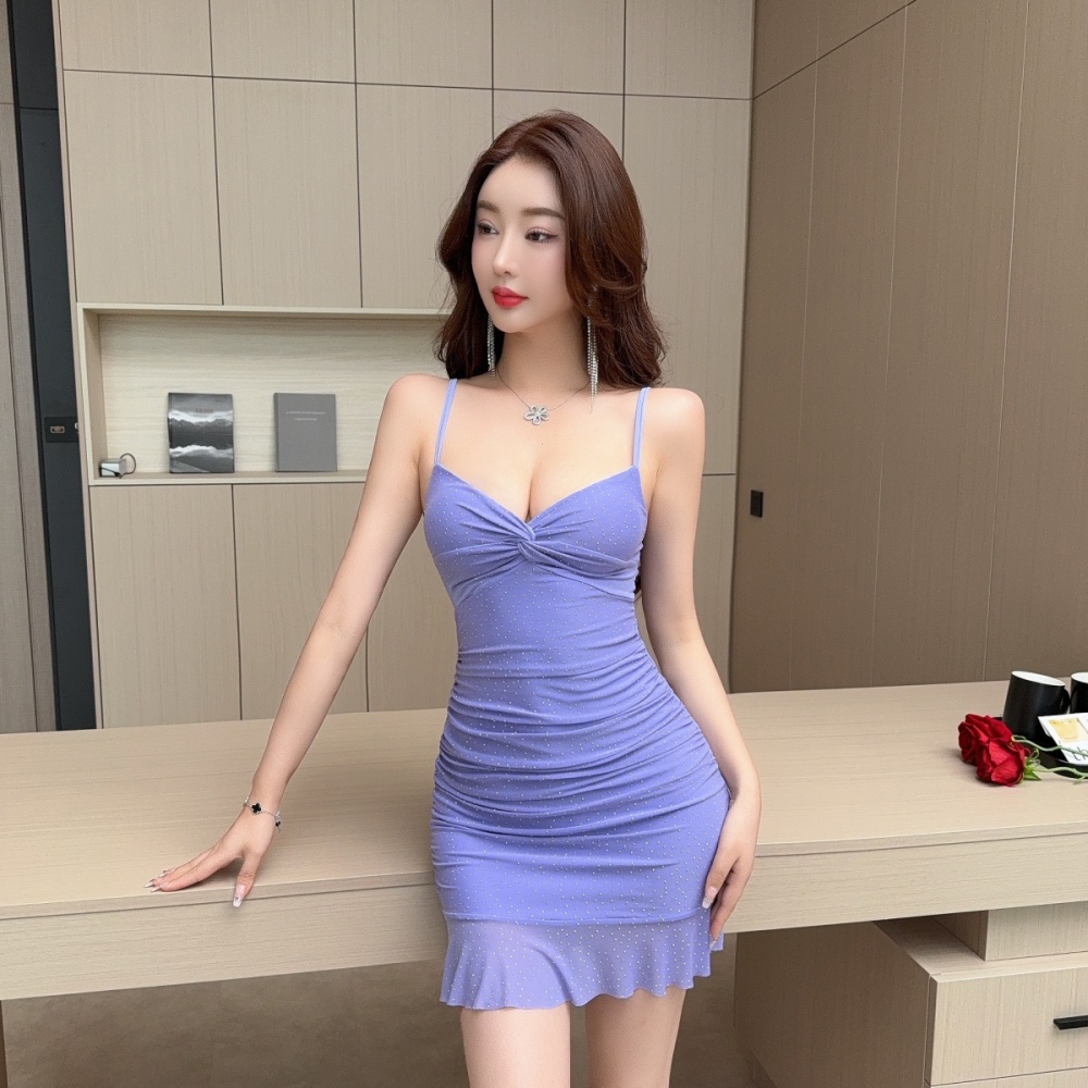 Gauze sexy lotus leaf edges rhinestone sling short dress