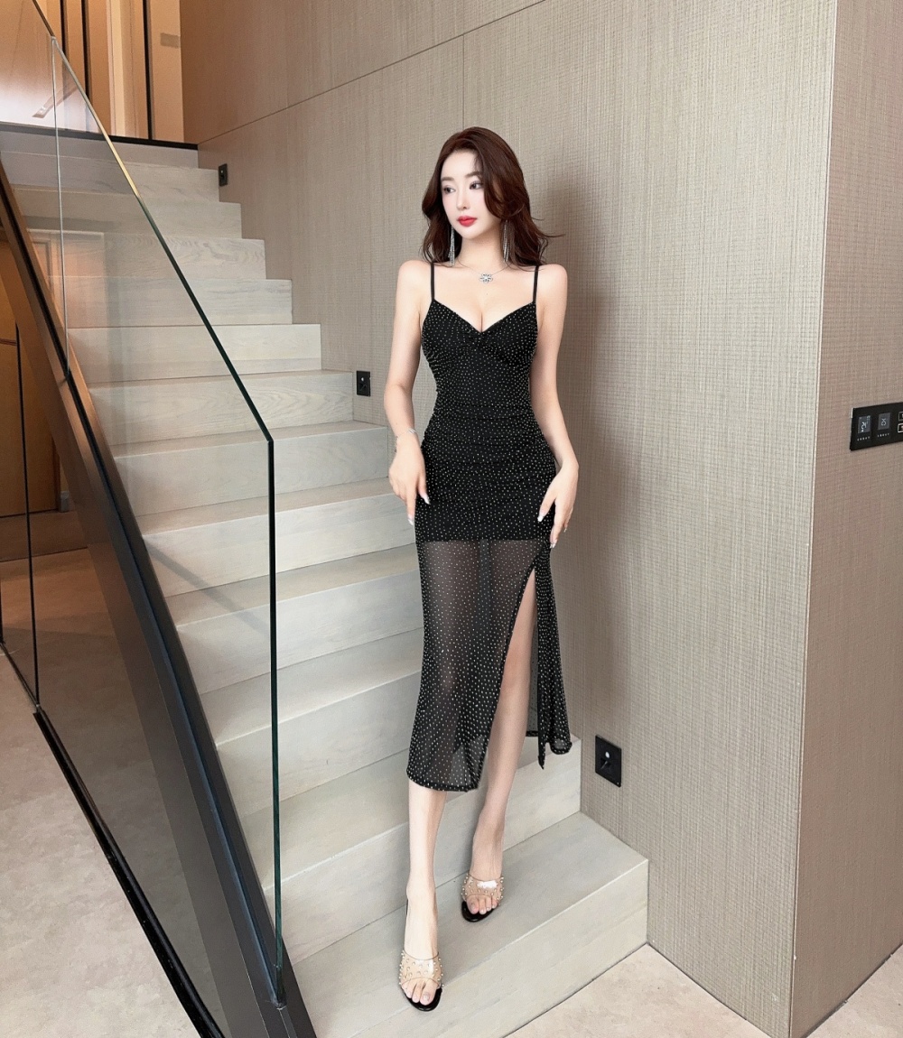 Sexy gauze bottoming rhinestone long sling dress
