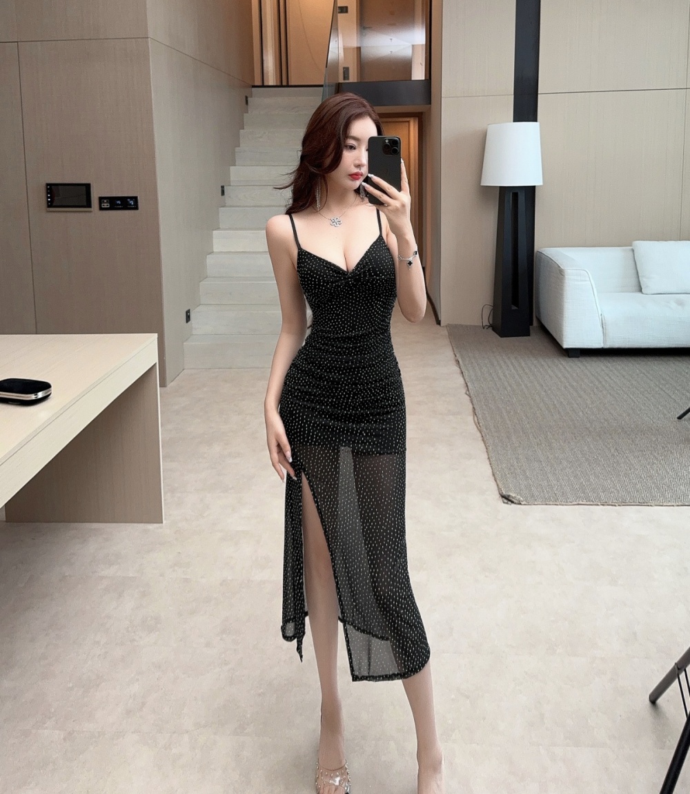 Sexy gauze bottoming rhinestone long sling dress