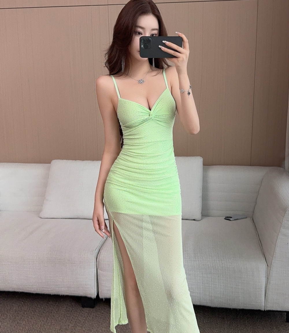 Sexy gauze bottoming rhinestone long sling dress
