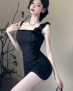 Bottoming gauze asymmetry flowers sling enticement dress