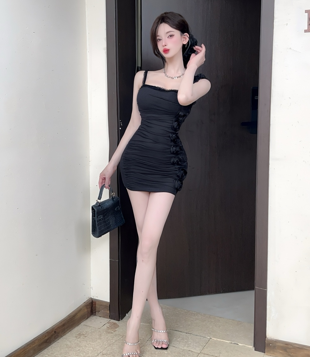 Bottoming gauze asymmetry flowers sling enticement dress