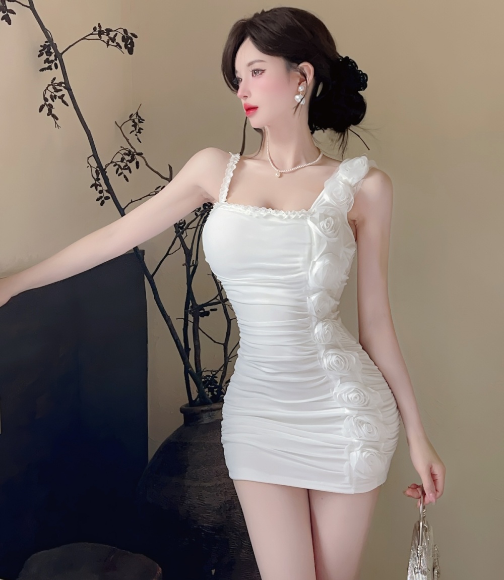 Bottoming gauze asymmetry flowers sling enticement dress