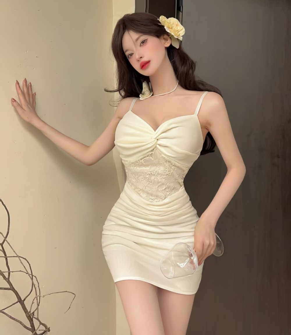 Sling gauze sexy splice short package hip lace dress