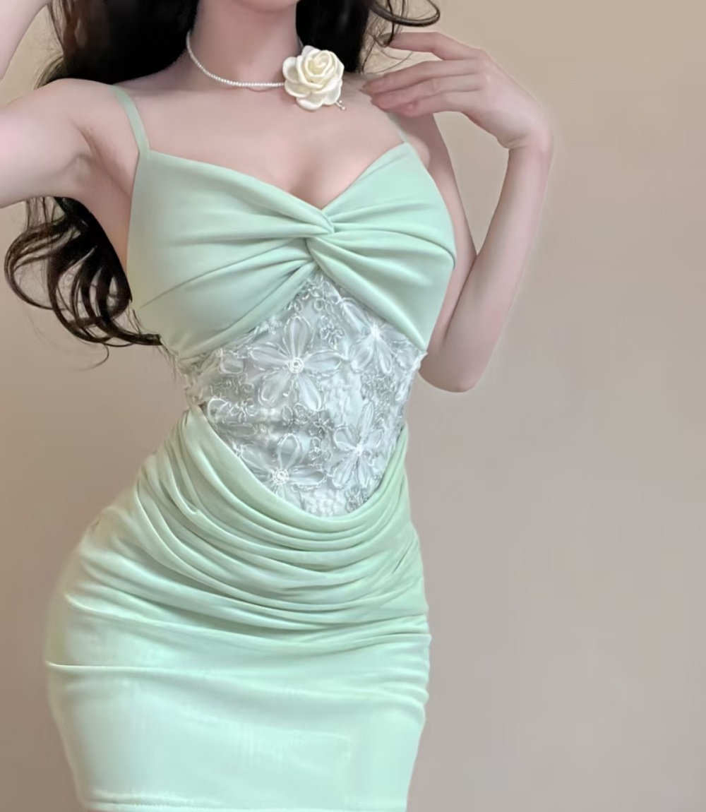 Sling gauze sexy splice short package hip lace dress
