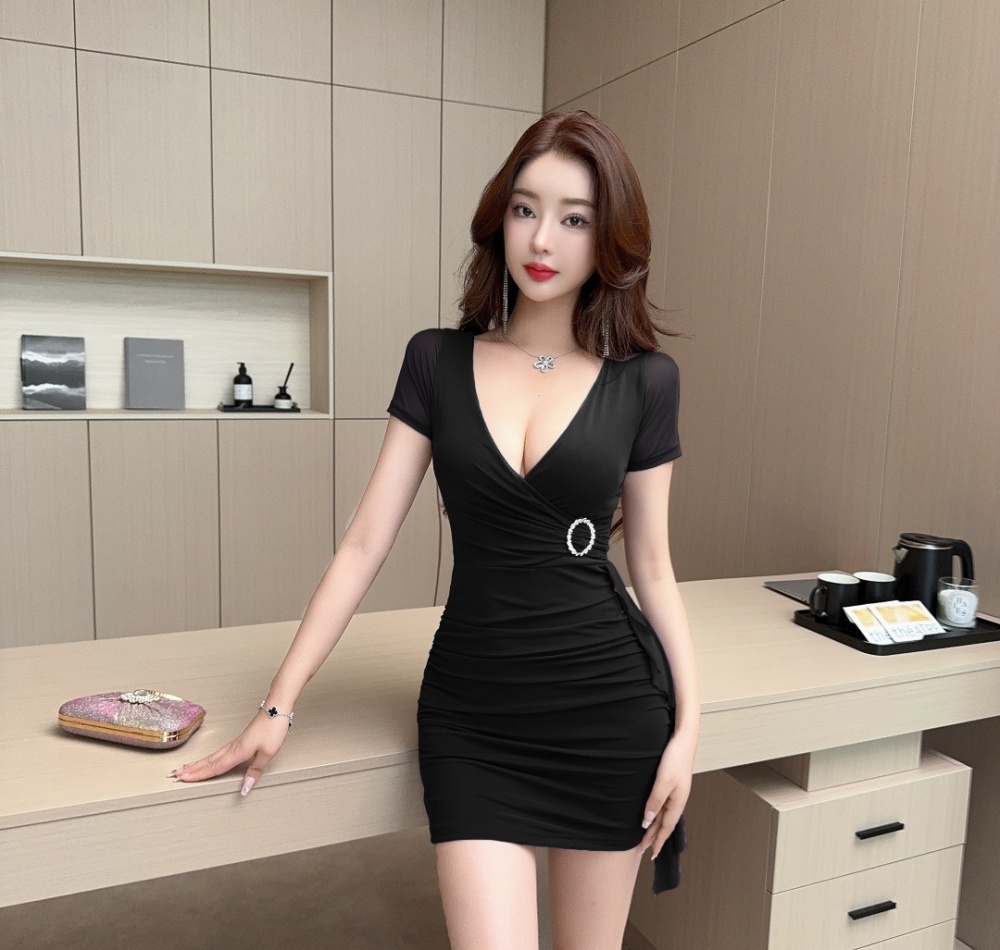 Package hip V-neck T-back pinched waist dress for women