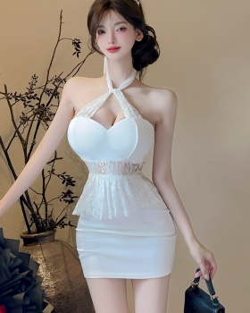 Sling short Pseudo-two splice lace bottoming sexy dress
