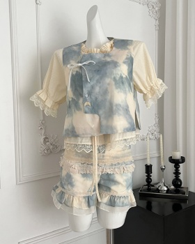 Chinese style lace waistcoat splice culottes 3pcs set for women