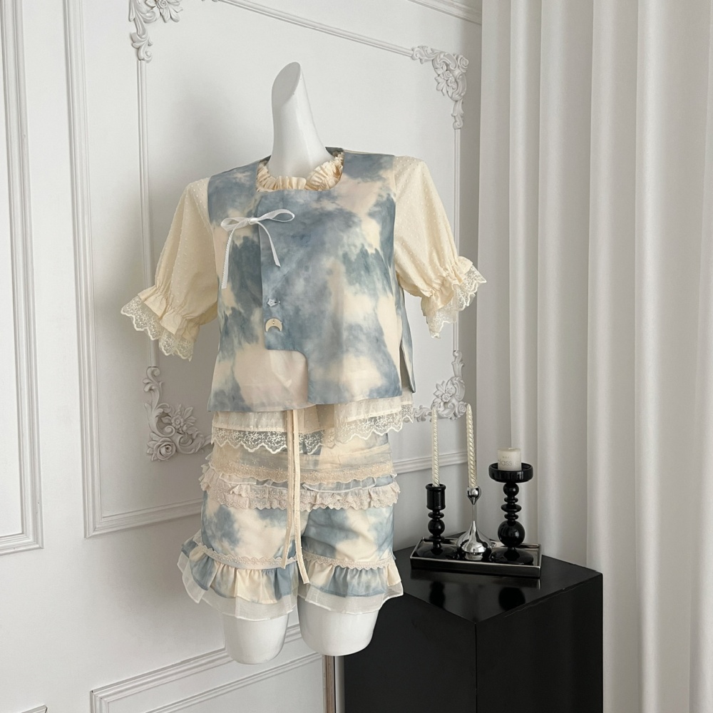 Chinese style lace waistcoat splice culottes 3pcs set for women